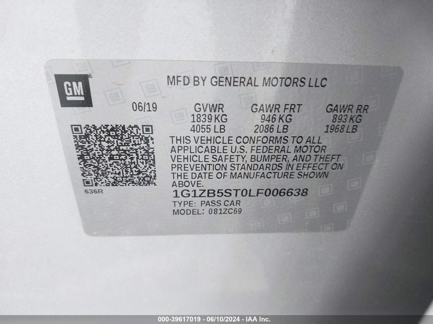 2020 Chevrolet Malibu Fwd Ls VIN: 1G1ZB5ST0LF006638 Lot: 39617019