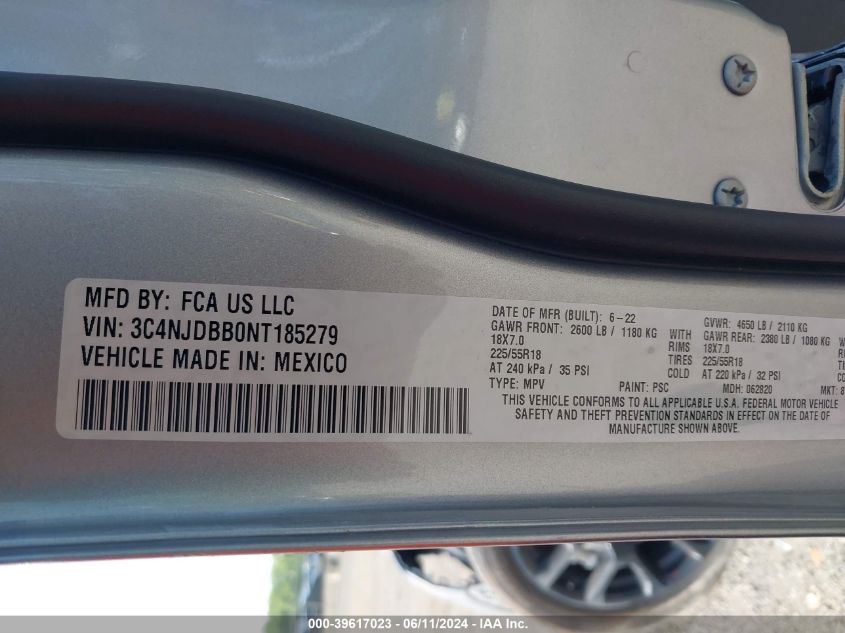 2022 Jeep Compass Altitude 4X4 VIN: 3C4NJDBB0NT185279 Lot: 39617023