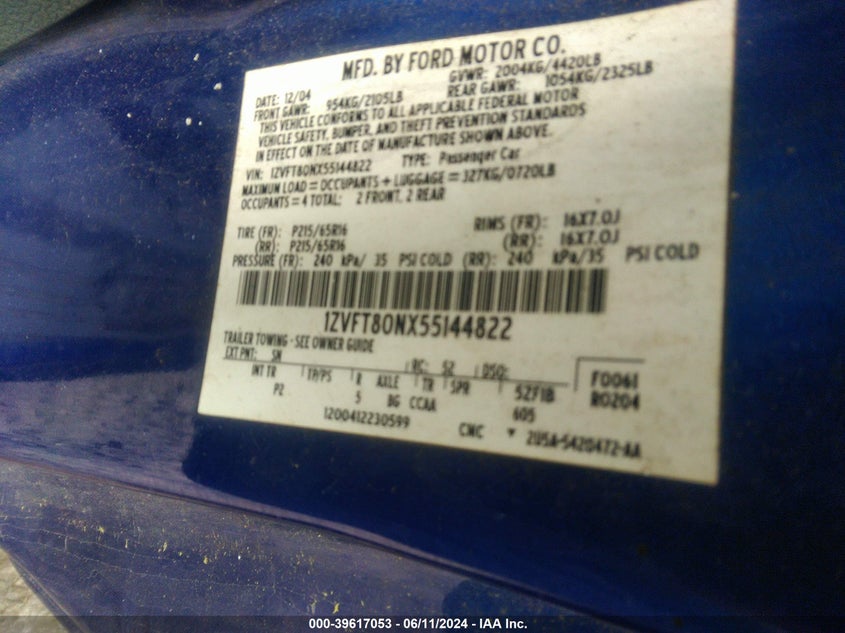 2005 Ford Mustang V6 Deluxe/V6 Premium VIN: 1ZVFT80NX55144822 Lot: 39617053