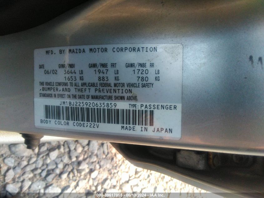 2002 Mazda Protege Dx/Es/Lx VIN: JM1BJ225920635859 Lot: 39617055