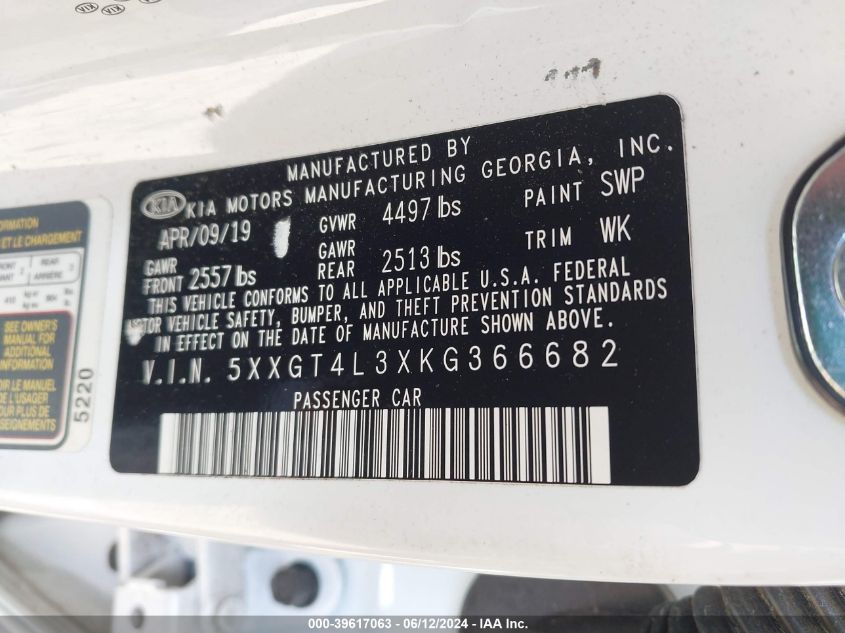 2019 Kia Optima Lx VIN: 5XXGT4L3XKG366682 Lot: 39617063