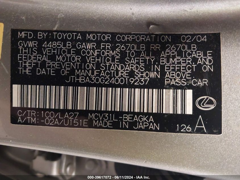 2004 Lexus Es 330 VIN: JTHBA30G240019237 Lot: 39617072