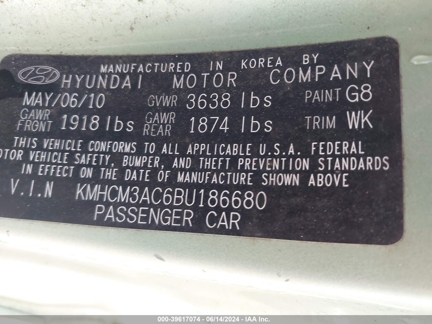 2011 Hyundai Accent Gs VIN: KMHCM3AC6BU186680 Lot: 39617074