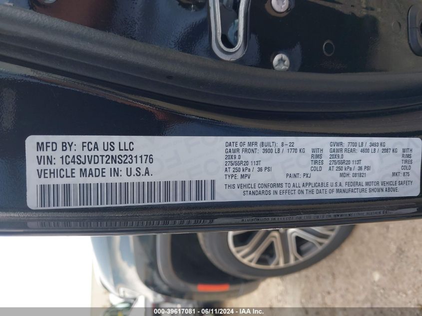 2022 Jeep Wagoneer Series Iii 4X4 VIN: 1C4SJVDT2NS231176 Lot: 39617081