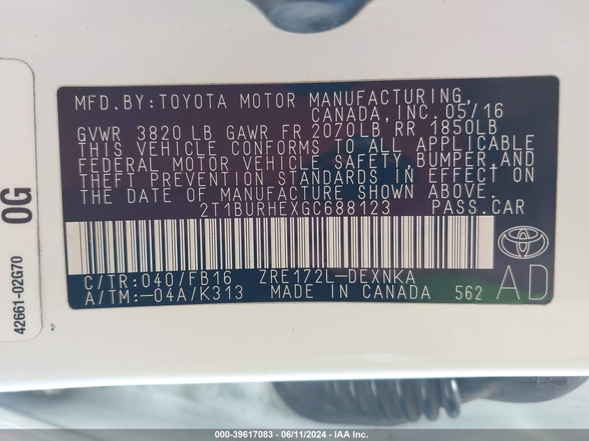 2016 Toyota Corolla Le VIN: 2T1BURHEXGC688123 Lot: 39617083