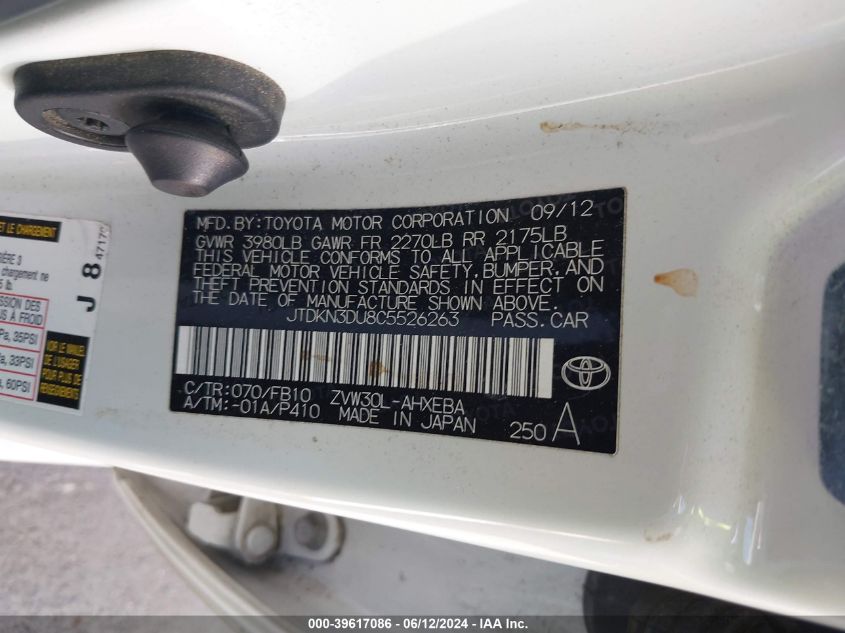 2012 Toyota Prius Two VIN: JTDKN3DU8C5526263 Lot: 39617086