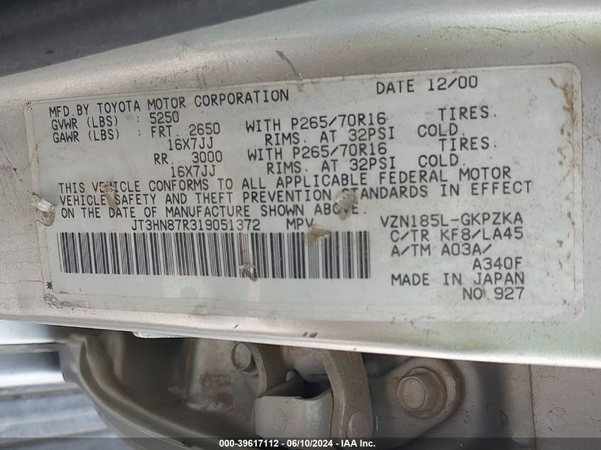 2001 Toyota 4Runner Limited V6 VIN: JT3HN87R319051372 Lot: 39617112