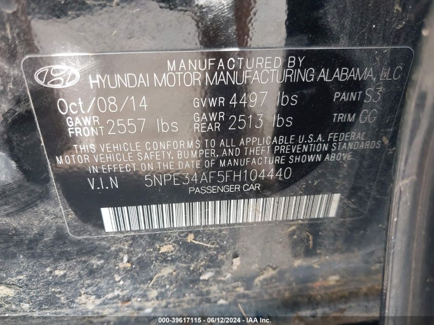 2015 Hyundai Sonata Limited VIN: 5NPE34AF5FH104440 Lot: 39617115