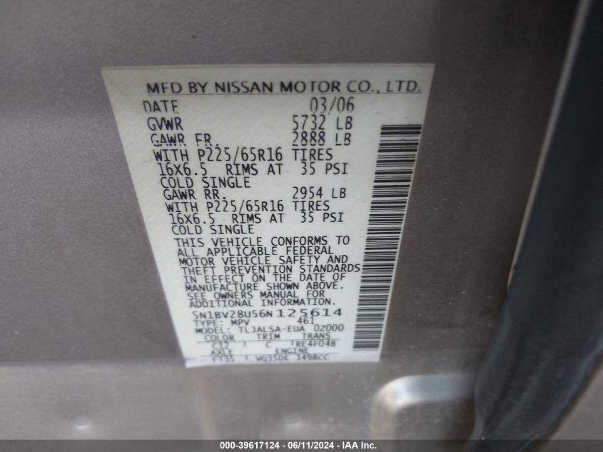 2006 Nissan Quest 3.5 S VIN: 5N1BV28U56N125614 Lot: 39617124