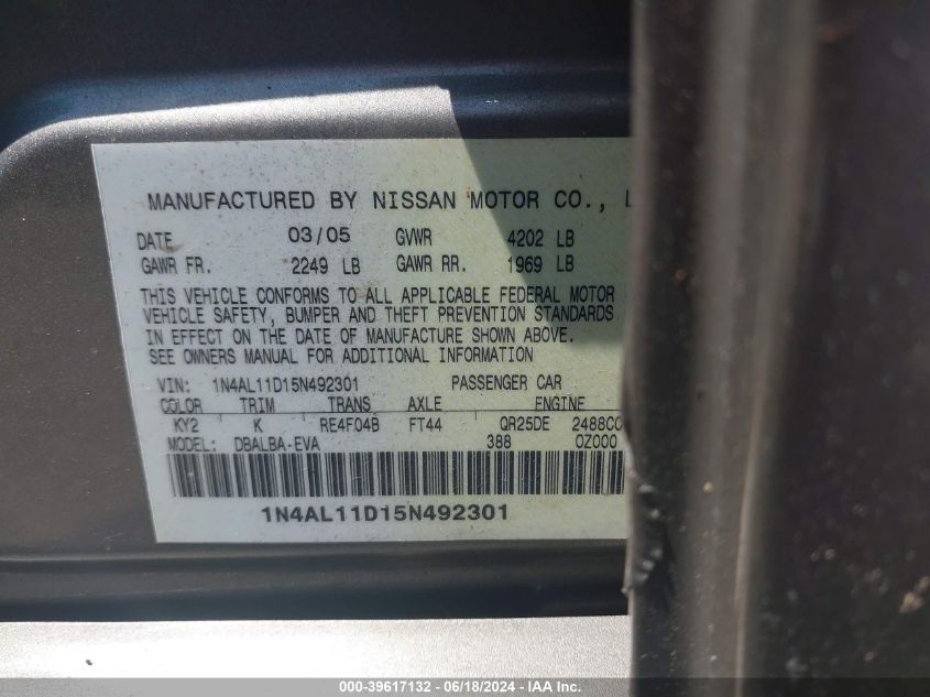 2005 Nissan Altima 2.5 S VIN: 1N4AL11D15N492301 Lot: 39617132