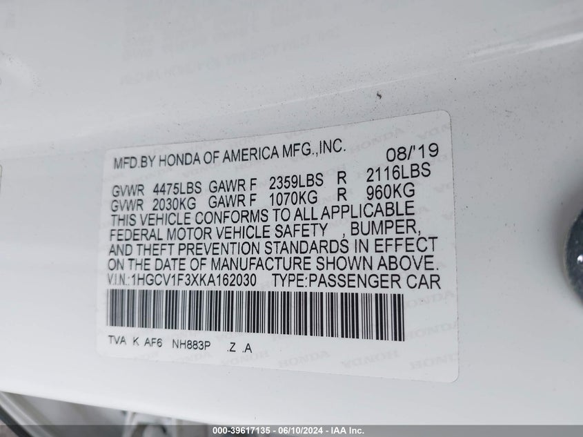 VIN 1HGCV1F3XKA162030 2019 HONDA ACCORD SPORT