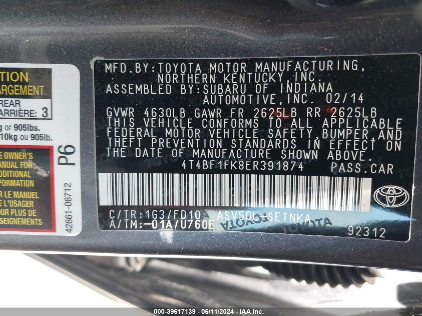 2014 Toyota Camry Le VIN: 4T4BF1FK8ER391874 Lot: 39617139