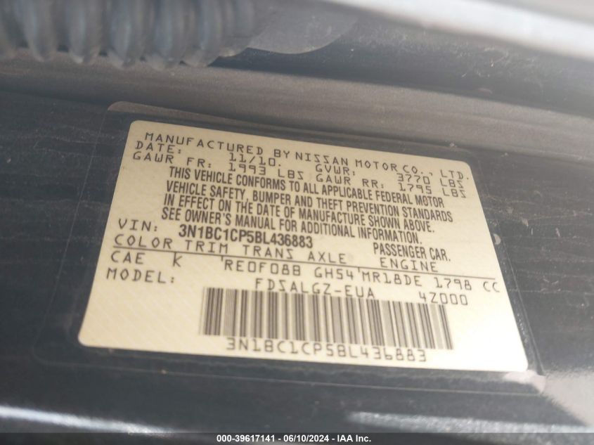 2011 Nissan Versa 1.8Sl VIN: 3N1BC1CP5BL436883 Lot: 39617141