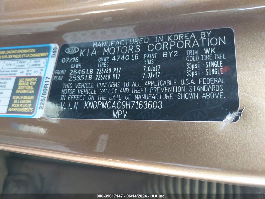 2017 Kia Sportage Lx VIN: KNDPMCAC9H7163603 Lot: 39617147