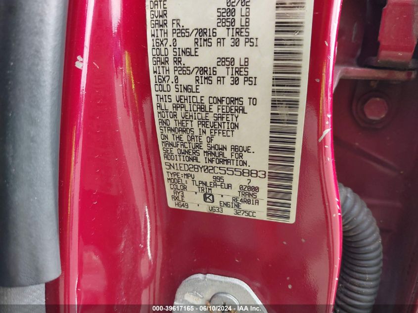 2002 Nissan Xterra Xe VIN: 5N1ED28Y02C555883 Lot: 39617165