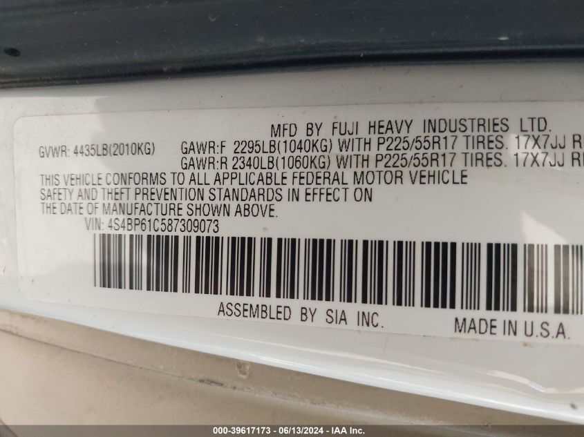 2008 Subaru Outback 2.5I/2.5I L.l. Bean Edition VIN: 4S4BP61C587309073 Lot: 39617173