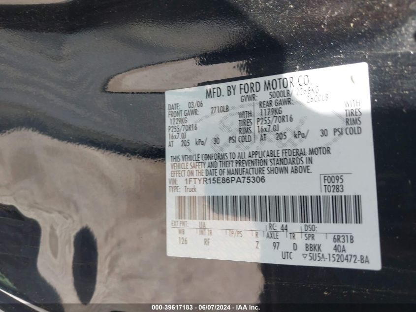 2006 Ford Ranger Fx4 Off-Road/Sport/Xl/Xlt VIN: 1FTYR15E86PA75306 Lot: 39617183