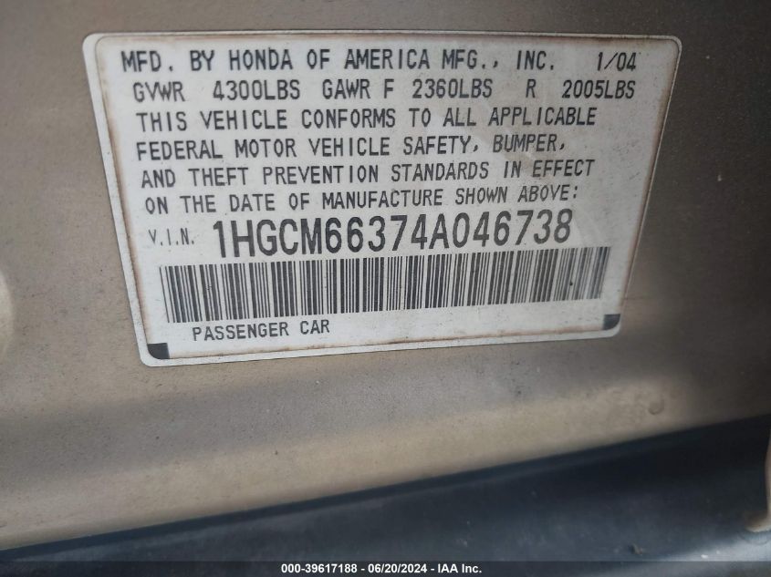 2004 Honda Accord 3.0 Lx VIN: 1HGCM66374A046738 Lot: 39617188