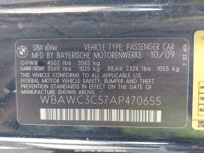 2010 BMW 328I xDrive VIN: WBAWC3C57AP470655 Lot: 39617192