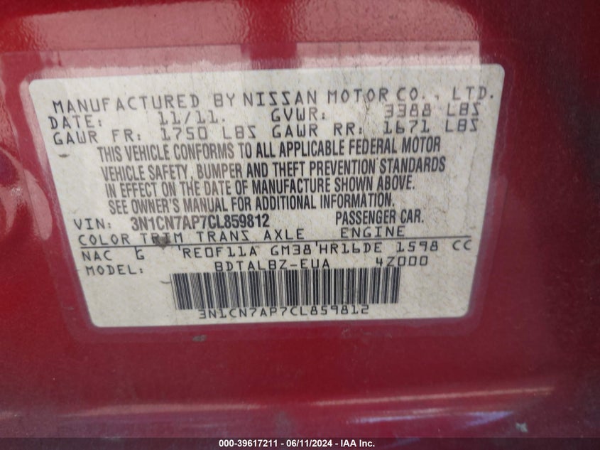 2012 Nissan Versa 1.6 Sv VIN: 3N1CN7AP7CL859812 Lot: 39617211