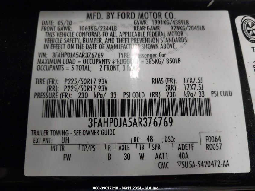 2010 Ford Fusion Sel VIN: 3FAHP0JA5AR376769 Lot: 39617218