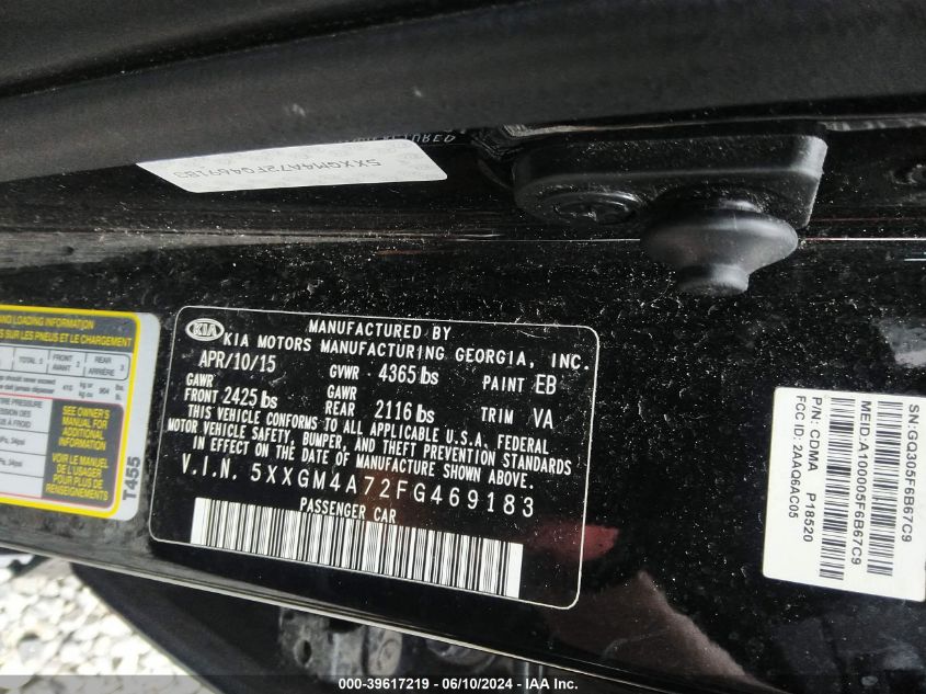 2015 Kia Optima Lx VIN: 5XXGM4A72FG469183 Lot: 39617219