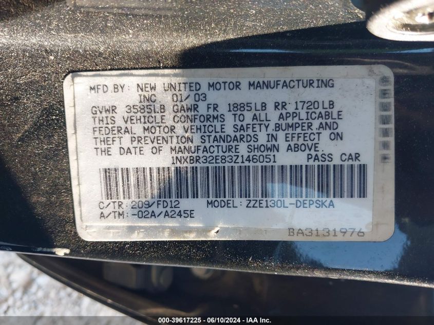 2003 Toyota Corolla S VIN: 1NXBR32E83Z146051 Lot: 39617225