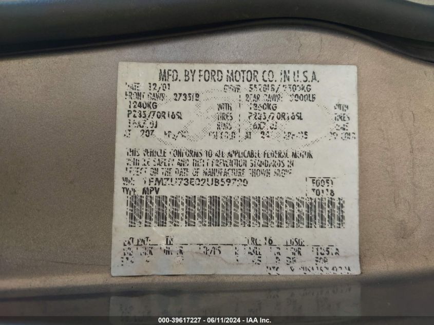 2002 Ford Explorer Xlt VIN: 1FMZU73E02UB59720 Lot: 39617227