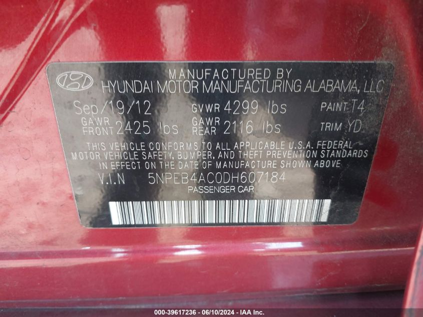 2013 Hyundai Sonata Gls VIN: 5NPEB4AC0DH607184 Lot: 39617236