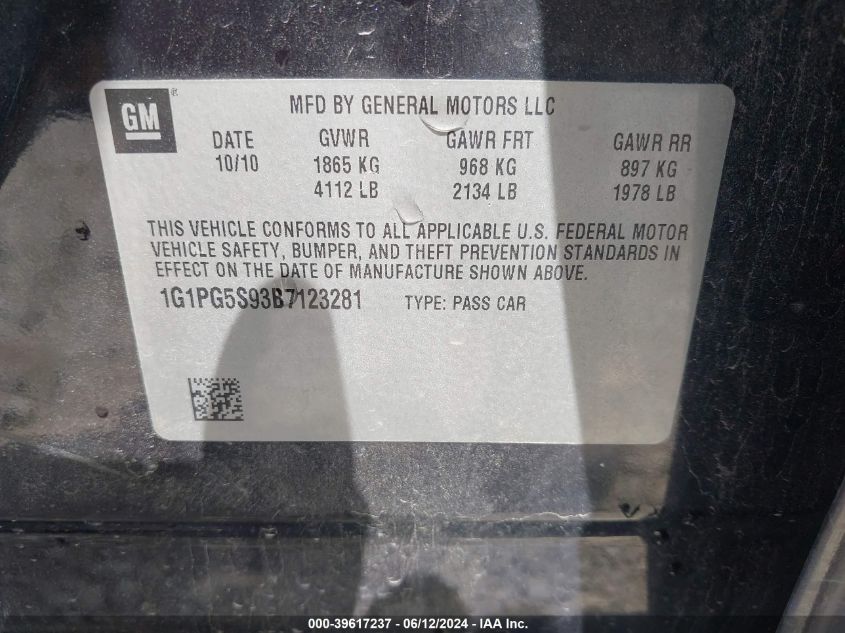 2011 Chevrolet Cruze 2Lt VIN: 1G1PG5S93B7123281 Lot: 39617237