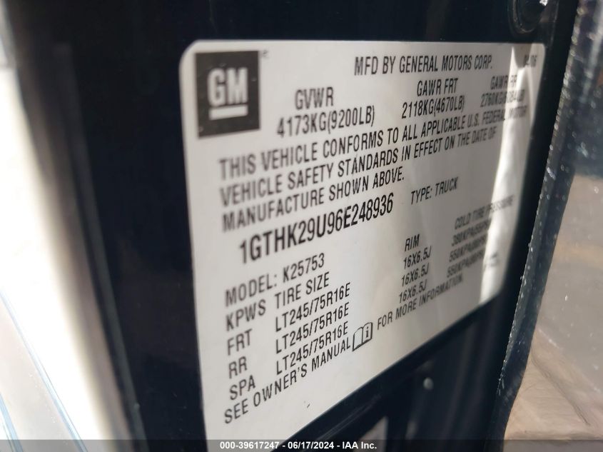 2006 GMC Sierra 2500Hd Sle1 VIN: 1GTHK29U96E248936 Lot: 39617247