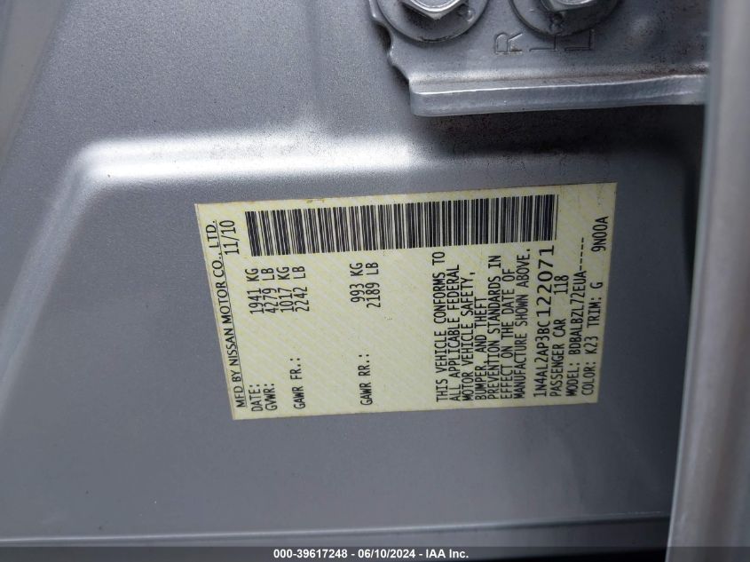 2011 Nissan Altima 2.5 S VIN: 1N4AL2AP3BC122071 Lot: 39617248