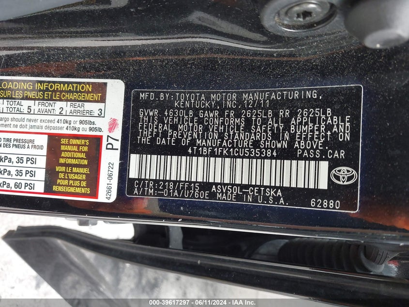 2012 Toyota Camry Se VIN: 4T1BF1FK1CU535384 Lot: 39617297