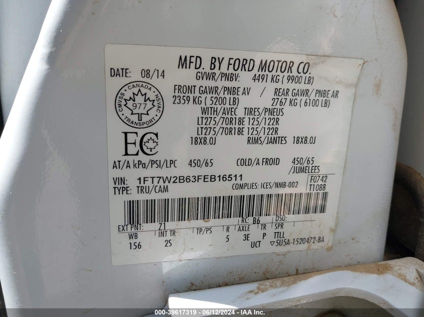2015 Ford F-250 Xlt VIN: 1FT7W2B63FEB16511 Lot: 39617319