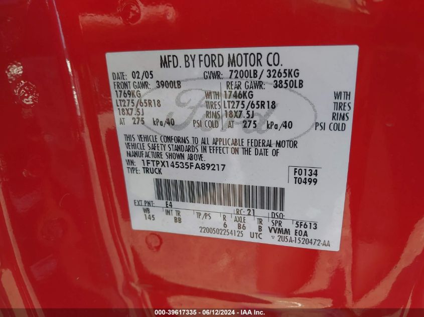2005 Ford F-150 Fx4/Lariat/Xl/Xlt VIN: 1FTPX14535FA89217 Lot: 39617335