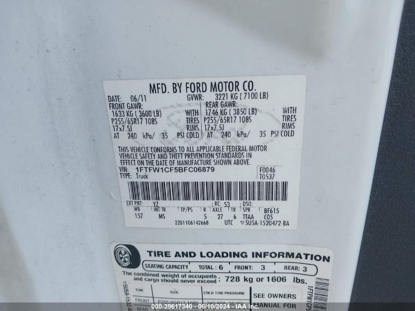 2011 Ford F-150 Xlt VIN: 1FTFW1CF5BFC06879 Lot: 39617340