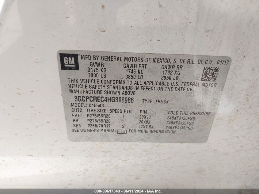 2017 CHEVROLET SILVERADO 1500 1LT - 3GCPCREC4HG308986