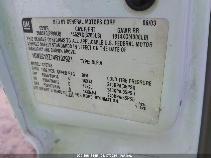 2004 Chevrolet Tahoe Lt VIN: 1GNEC13Z74R102921 Lot: 39617345