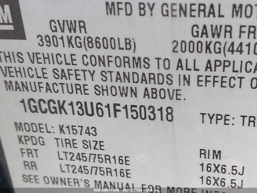 2001 Chevrolet Silverado 1500Hd Lt VIN: 1GCGK13U61F150318 Lot: 39617346