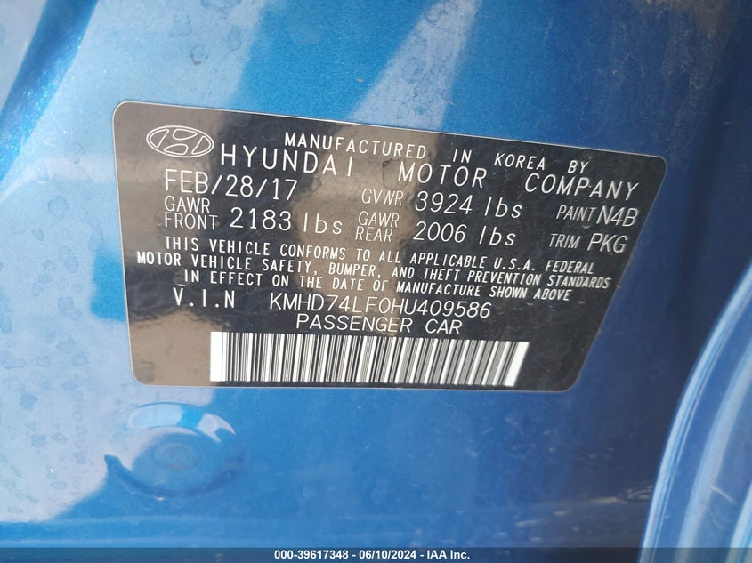 VIN KMHD74LF0HU409586 2017 HYUNDAI ELANTRA SE