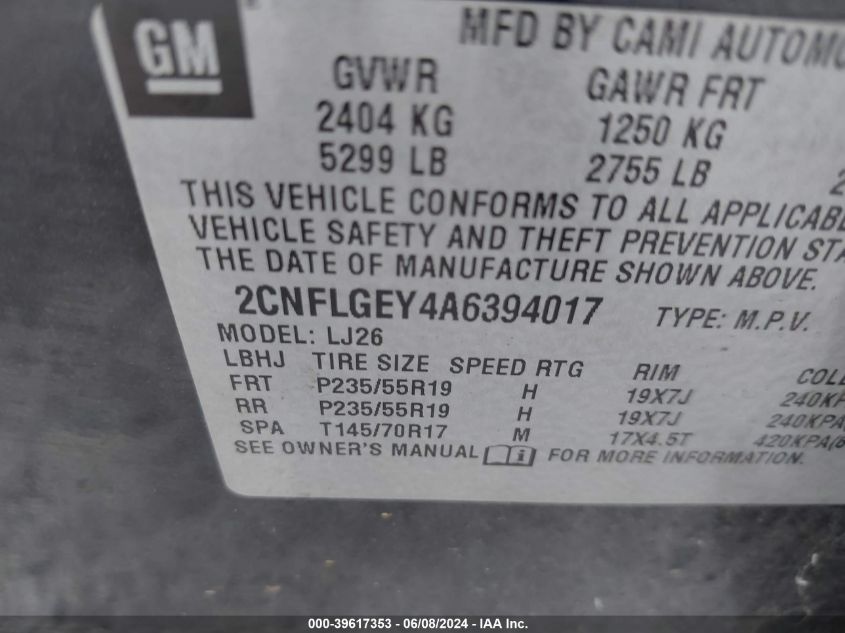 2010 Chevrolet Equinox Ltz VIN: 2CNFLGEY4A6394017 Lot: 39617353