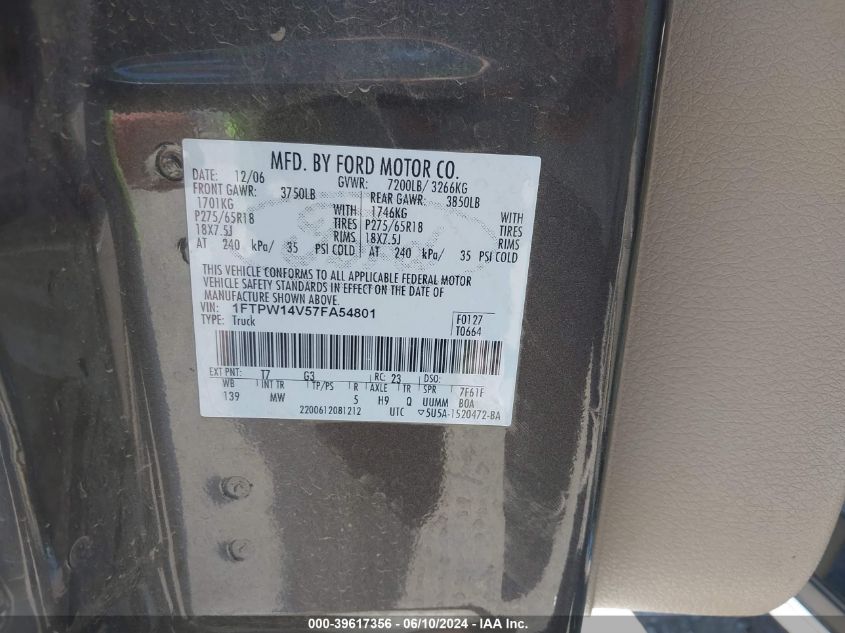 2007 Ford F-150 Fx4/Lariat/Xlt VIN: 1FTPW14V57FA54801 Lot: 39617356