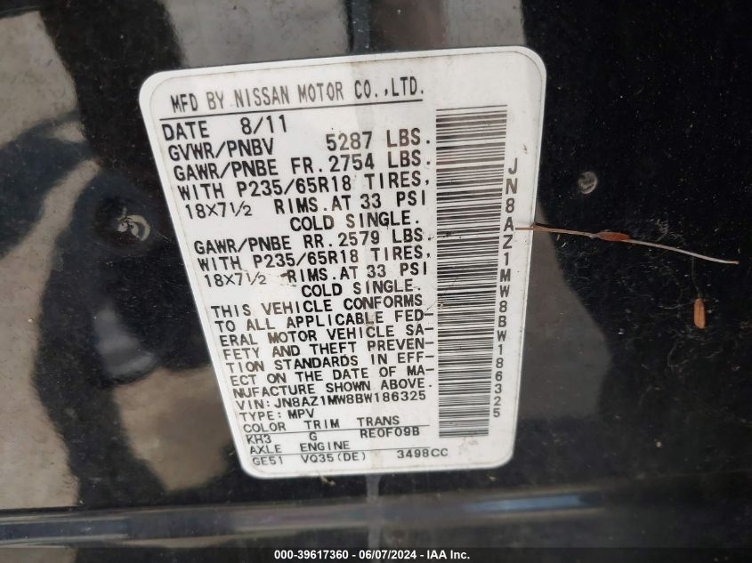 2011 Nissan Murano S VIN: JN8AZ1MW8BW186325 Lot: 39617360