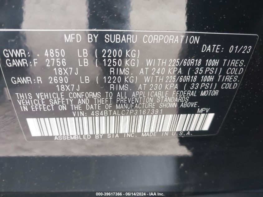 2023 Subaru Outback Onyx Edition VIN: 4S4BTALC7P3167391 Lot: 39617366