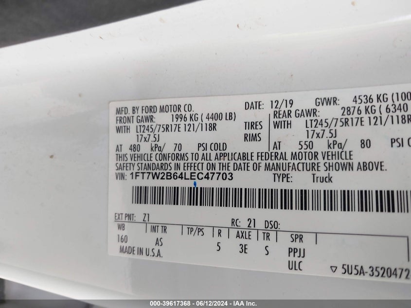 2020 Ford F-250 Xl VIN: 1FT7W2B64LEC47703 Lot: 39617368