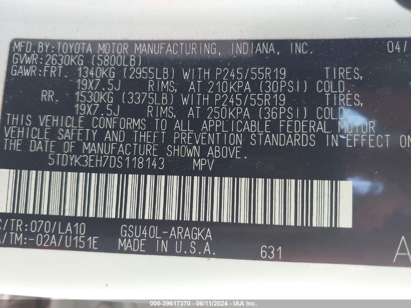 2013 Toyota Highlander Limited V6 VIN: 5TDYK3EH7DS118143 Lot: 39617370