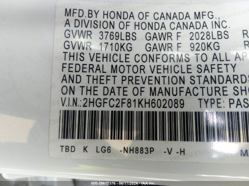 2019 Honda Civic Sport VIN: 2HGFC2F81KH602089 Lot: 39617376