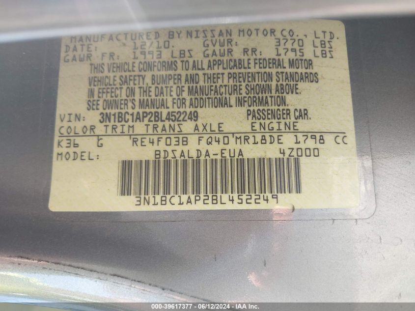 2011 Nissan Versa 1.8S VIN: 3N1BC1AP2BL452249 Lot: 39617377