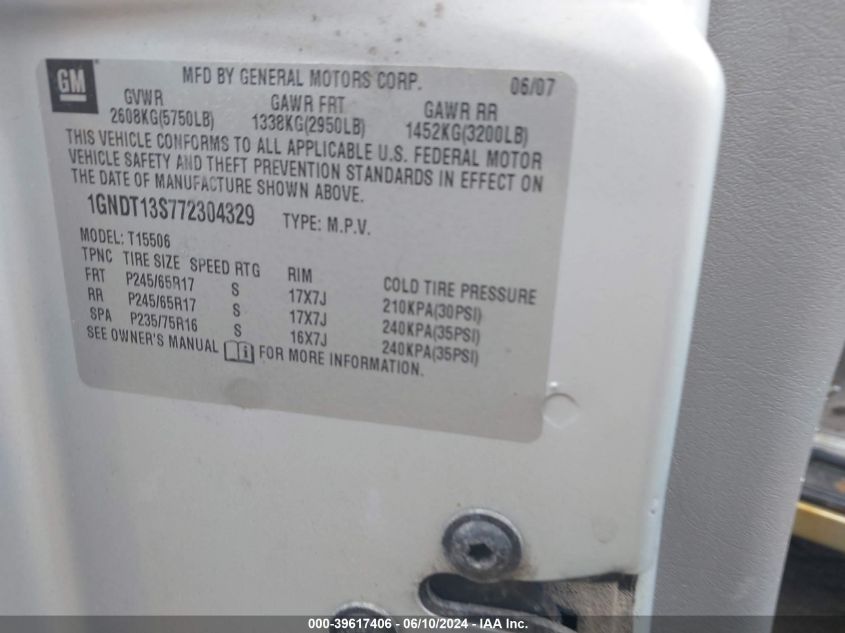 2007 Chevrolet Trailblazer Lt VIN: 1GNDT13S772304329 Lot: 39617406