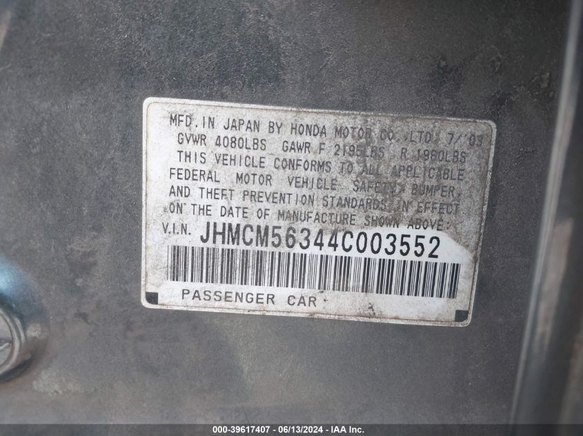 2004 Honda Accord 2.4 Lx VIN: JHMCM56344C003552 Lot: 39617407